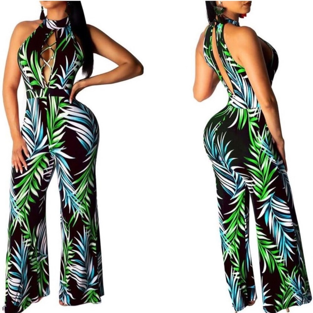 Tropical leaves jumpsuit size small black jumpsuit